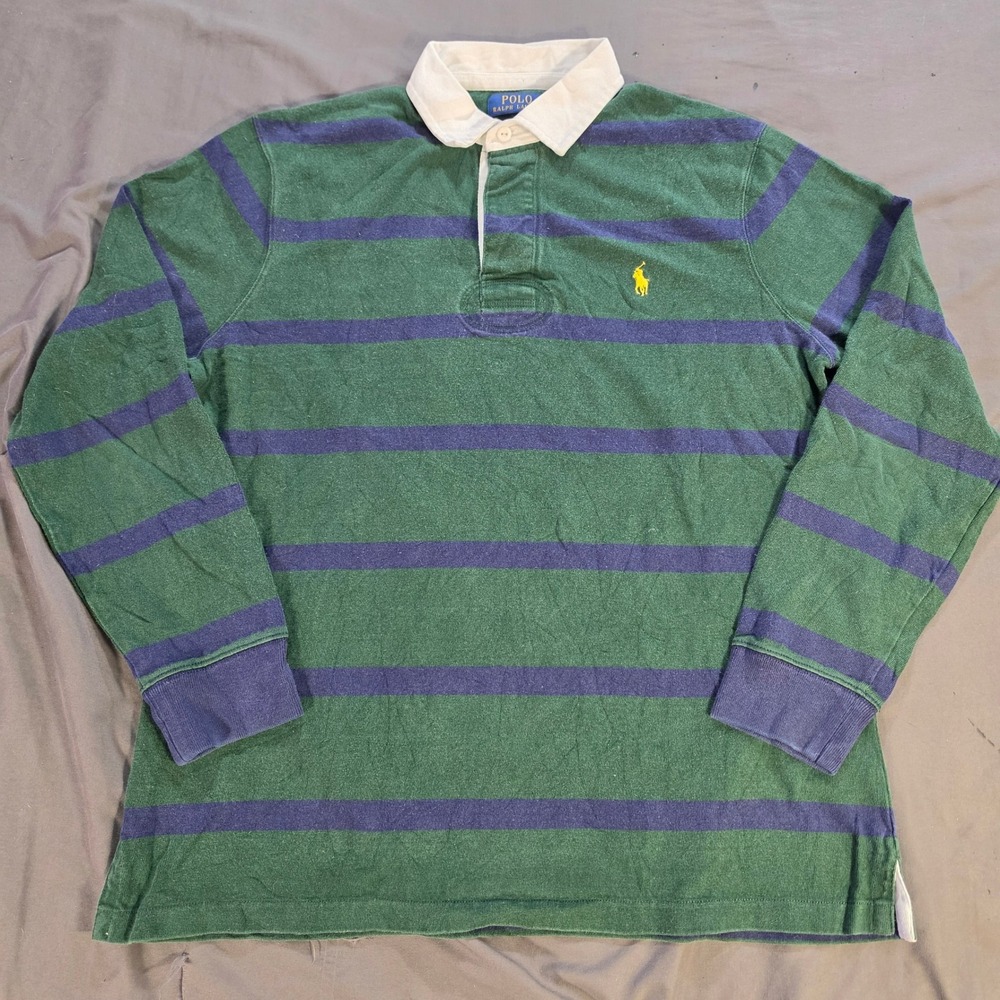 Polo Ralph Lauren Mens Green Navy Striped Long Sleeve Rugby Shirt Large Classic